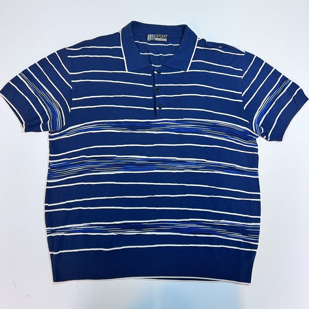 Missoni Sport Polo Sweater Men's Large Navy Space Dye Stripe Knit Italy Vintage